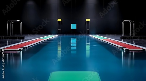 Aquamarine water reflects a stark, black background in a modern pool setting, with geometric details