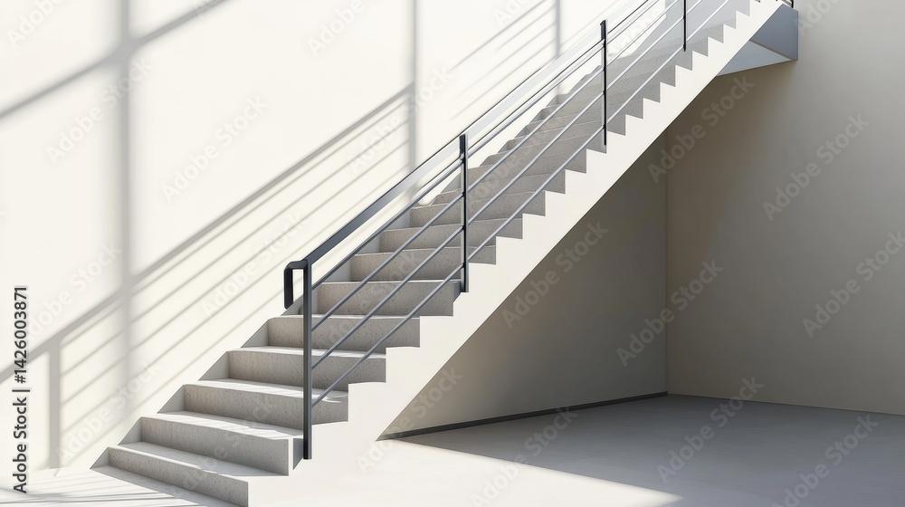 Obraz premium Industrial staircase with sturdy concrete steps and a polished metal railing, set against a neutral wall