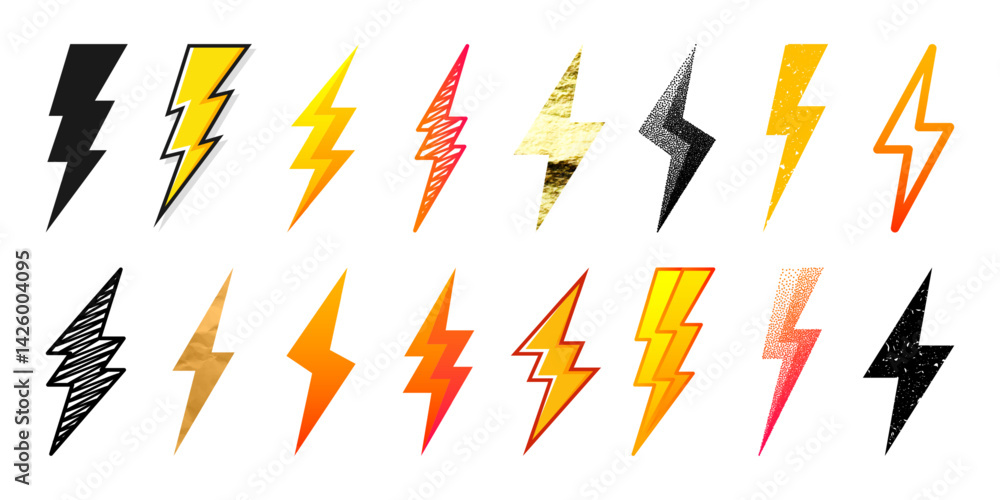 Lightning bolt icons collection. Golden, grunge, stippled, hand drawn flash symbol, thunderbolt. Dot drawing. Simple lightning strike sign. Vector illustration Lightning bolt icons collection. Golden, grunge, stippled, hand drawn flash symbol, thunderbolt. Dot drawing. Simple lightning strike sign. Vector illustration
