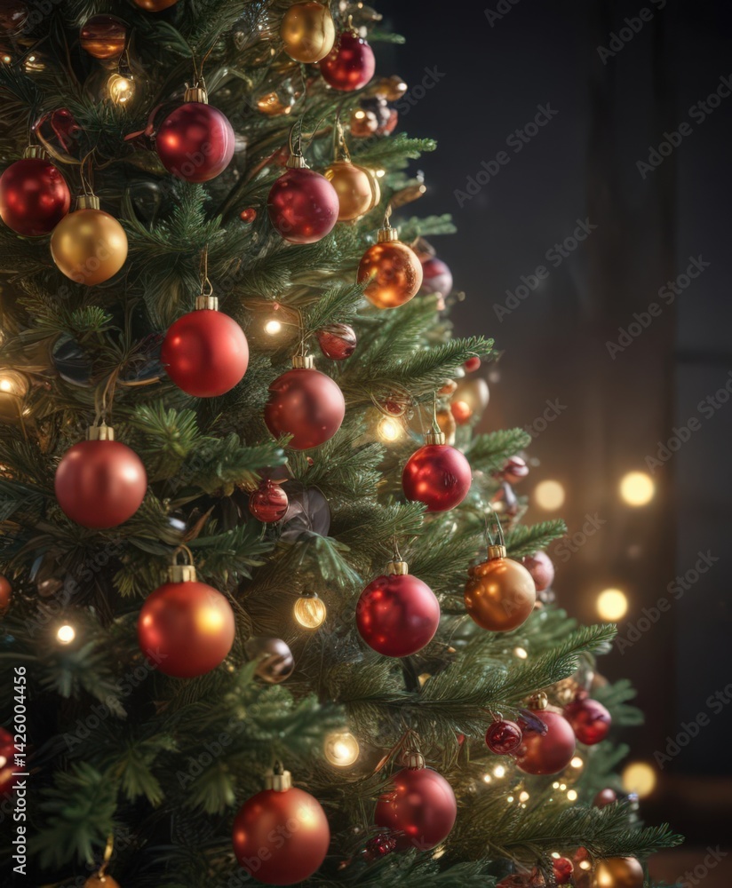 Vibrant baubles adorn a glowing Christmas tree, bokeh lights surround , merry, night Vibrant baubles adorn a glowing Christmas tree, bokeh lights surround , merry, night