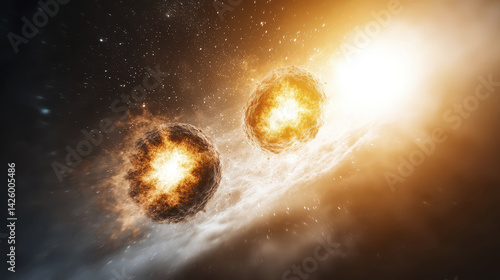 Explosive cosmic event featuring two glowing primordial black holes in vast galaxy, radiating energy and light
