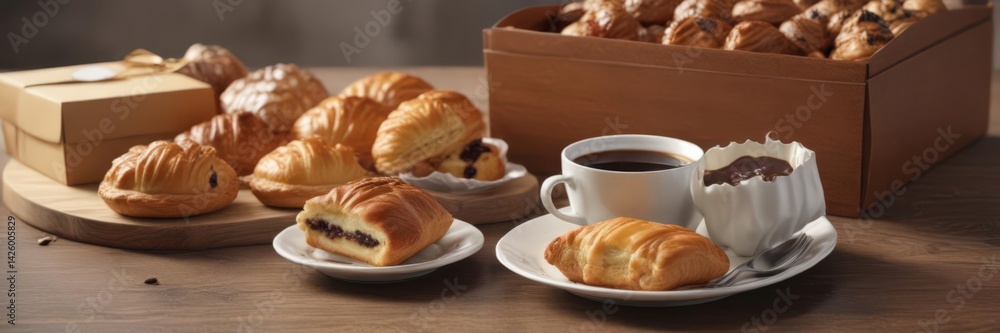 Close-up of a coffee and a box of tempting pastries , caffeine, baked goods Close-up of a coffee and a box of tempting pastries , caffeine, baked goods