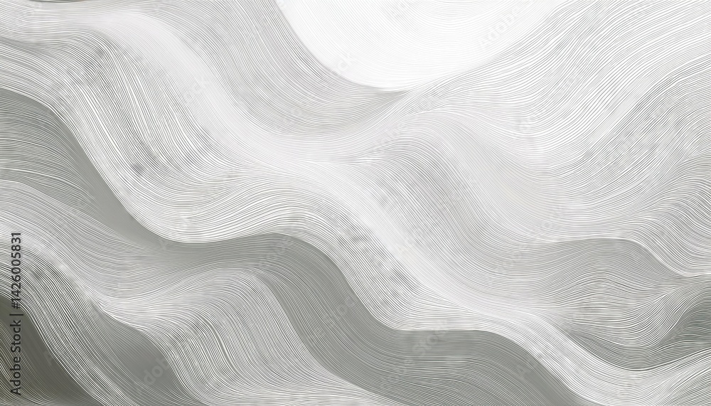 Minimalistic White Geometric Wave Abstraction, Evoking Oceanic Emotions with Monochromatic Lines and Intricate Patterns, Ideal for Digital Art, Home Decor or Design Inspiration.