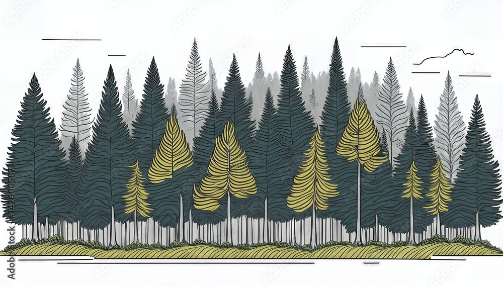 Vibrant Forest Illustration A Lush Canopy of Many Trees in a Serene Woodland, Depicting Natures Majestic Beauty with Rich Greens and Deep Shadows, Inspiring Peace and Tranquility.