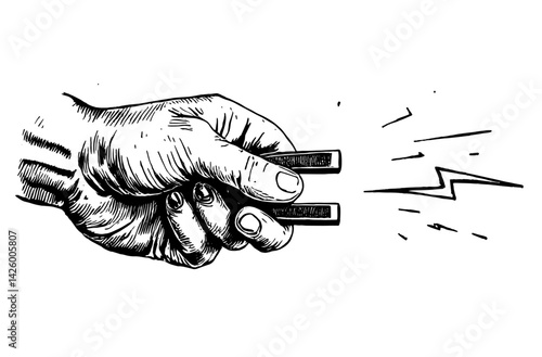 Hand with magnet sketch engraving vector illustration