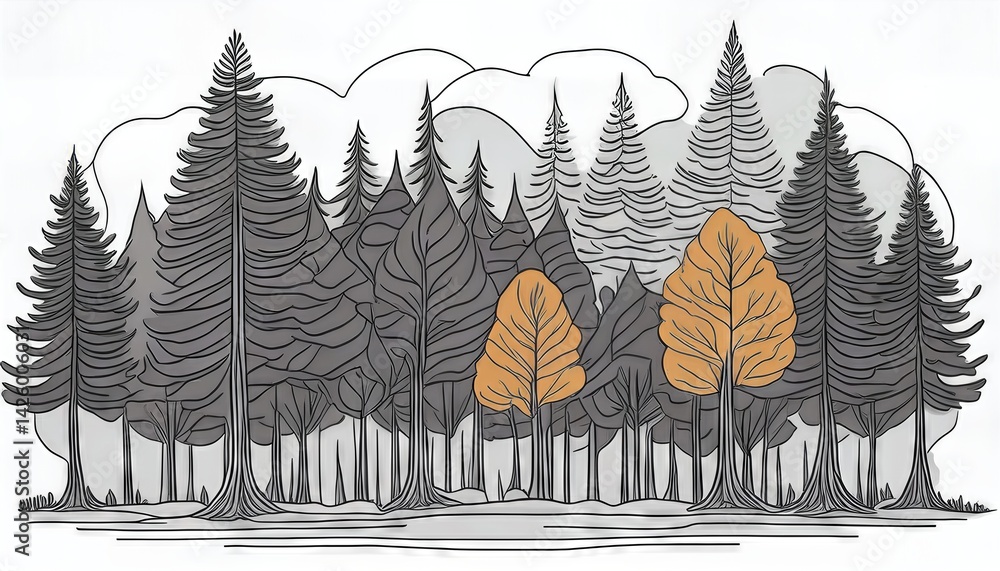 Vibrant Forest Illustration A Lush Canopy of Many Trees in a Mysterious Green Wilderness at Dusk, Depicting the Enchanting Beauty of Natures Majesty.