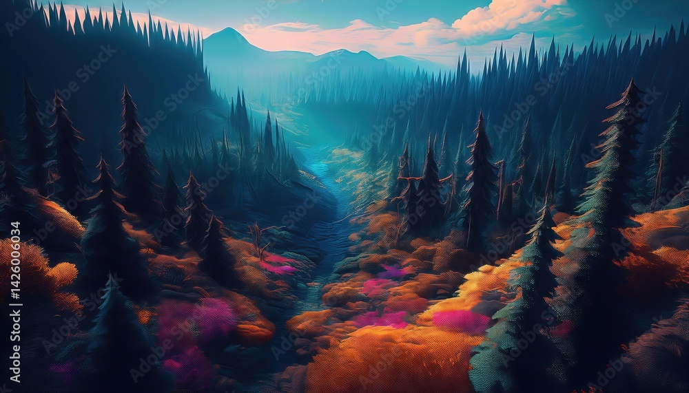 Lush Emerald Forest Thicket at Dusk Serene Tranquility Filled with Dappled Light, Vibrant Flora, and Whispers of Autumn Hues in a Magical Woodland Retreat