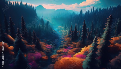 Lush Emerald Forest Thicket at Dusk Serene Tranquility Filled with Dappled Light, Vibrant Flora, and Whispers of Autumn Hues in a Magical Woodland Retreat