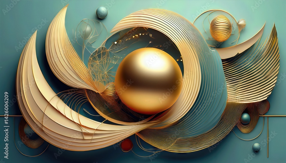 Striking Composition of Fractured Abstract Shapes and a Luminous Gold Sphere, Embracing a Vibrant Palette Amidst an Ethereal Ambiance, Perfect for Digital Art, Home Decor, or Design Inspiration.