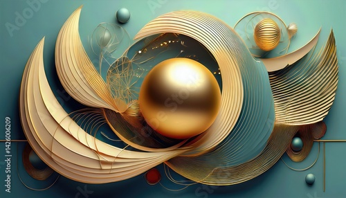 Obraz na płótnie Striking Composition of Fractured Abstract Shapes and a Luminous Gold Sphere, Embracing a Vibrant Palette Amidst an Ethereal Ambiance, Perfect for Digital Art, Home Decor, or Design Inspiration. w salonie