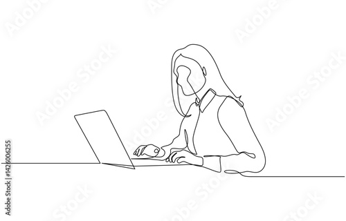Continuous line drawing of professional young business woman using mobile laptop computer, Single continuous line drawing of Stressed employee while working in front of laptop.