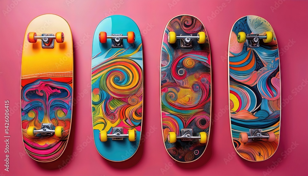 Four Unique Skateboard Decks Showcasing Pop Art Masterpieces with Vibrant Hues and Playful Shapes, Amplifying Energy and Aesthetic Appeal