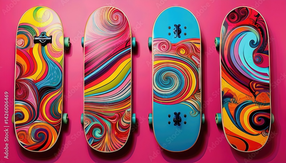 Vibrant Pop Art Skateboard Decks Showcasing Playful Designs and Bold Colors, Adding a Dash of Exuberance to Any Setting