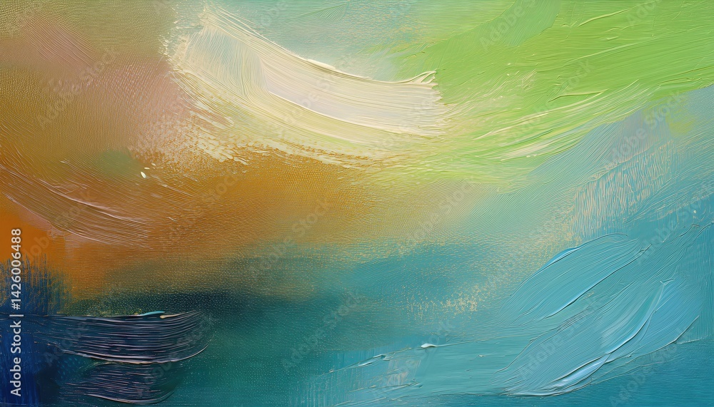 Fragment from Painted Canvas Texture Abstraction of a Whimsical Forest in Autumn, Evoking Tranquility and Serenity with Rich Hues and Textured Brushstrokes