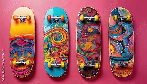Obraz na płótnie Four Unique Skateboard Decks Showcasing Pop Art Masterpieces with Vibrant Hues and Playful Shapes, Amplifying Energy and Aesthetic Appeal w salonie
