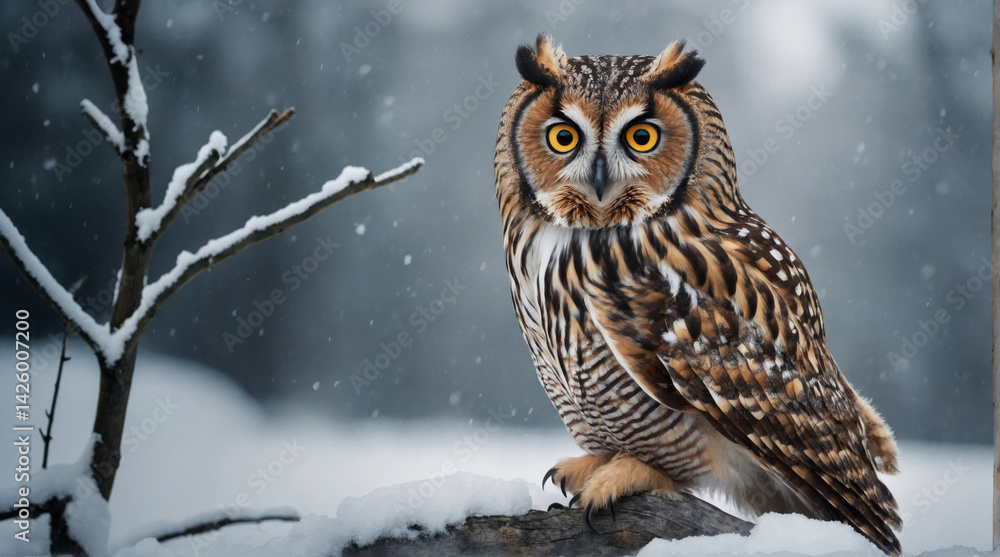 A stunning long-eared owl observes calmly during a snowfall, with winter scenery behind. A stunning long-eared owl observes calmly during a snowfall, with winter scenery behind.