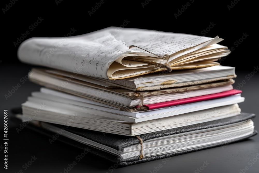 Books stacked with varied covers and yellowed pages resting on a dark surface in a quiet setting Books stacked with varied covers and yellowed pages resting on a dark surface in a quiet setting