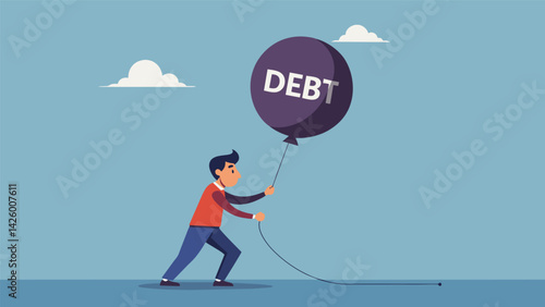 A person holding a balloon with the word debt written on it as they struggle to keep it from pulling them down symbolizing the constant mental strain. Vector illustration