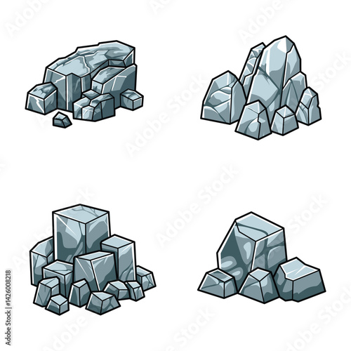 Vector Set Illustration of Rock Clusters and Stones Cartoon Style