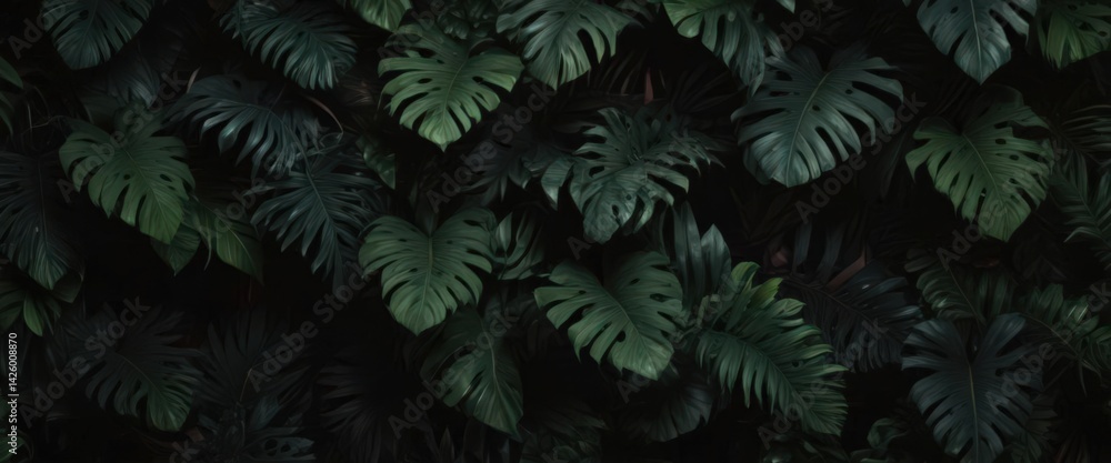 Dark, shadowy tropical foliage wallpaper Deep green leaves on black , green, graphic Dark, shadowy tropical foliage wallpaper Deep green leaves on black , green, graphic