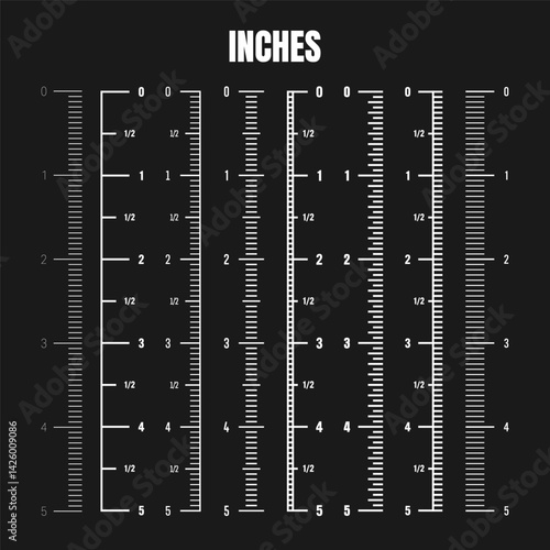 Vertical inch scale for measuring length or height. Various measurement scales with divisions. Ruler, tape measure marks, size indicators. Vector illustration