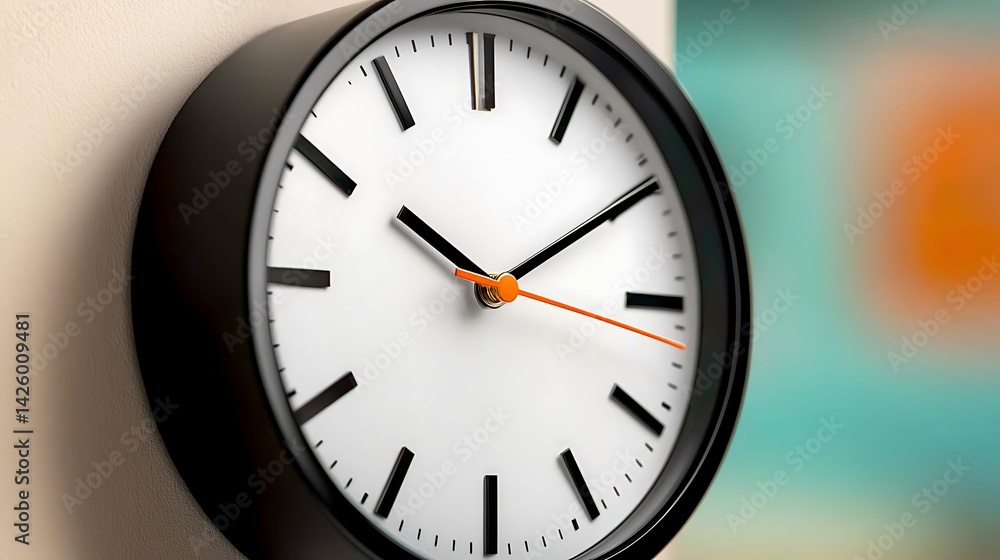 Black rimmed, circular clock on a cream wall. Has an orange second hand and simple face Black rimmed, circular clock on a cream wall. Has an orange second hand and simple face