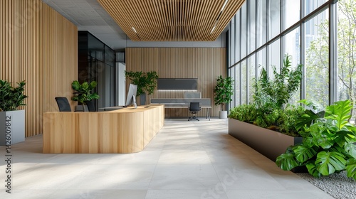 A modern and bright office reception area features a sleek wooden reception desk surrounded by lush potted plants and large showcasing a vibrant city view.