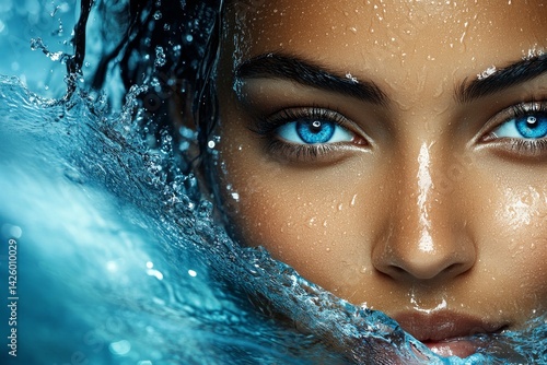 A close-up portrait of a beautiful woman with blue eyes, her face is wet from the water splashing around it. She's standing under a clear sky, the background is blue and white, with the focus