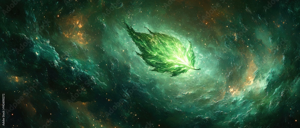 Fototapeta premium Glowing green leaf floating in a dark abstract swirling background.