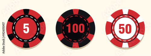 Three casino poker chips with denomination. Bright vector design of game chips in red, black, white colors isolated on white background. Ideal for casino icon design projects, slot machines, roulette