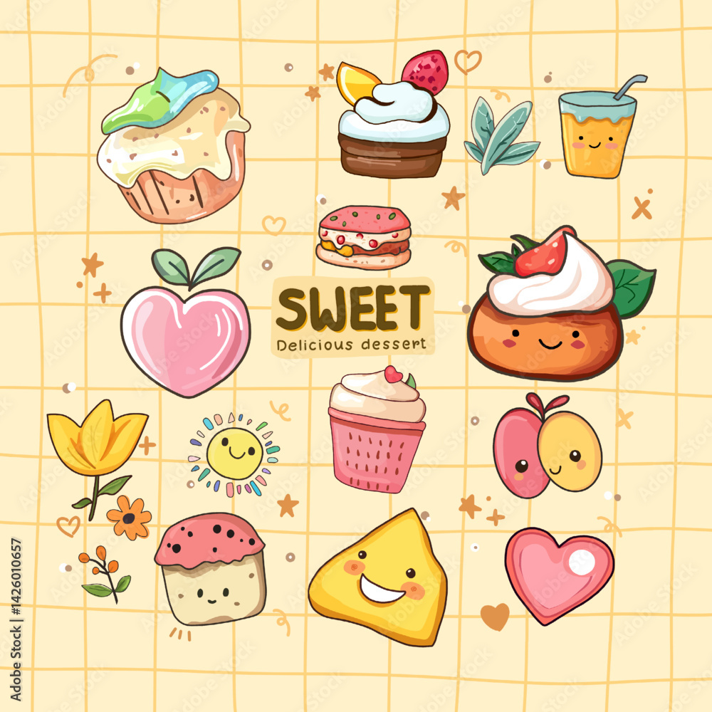 Fototapeta premium Collection of cute cartoon dessert and fruit illustrations on a light yellow grid background. Includes cupcakes, a donut, fruits, and a drink.