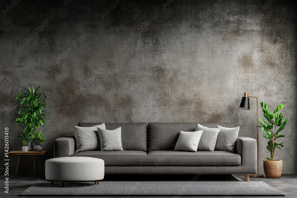 A modern living room with a sofa, side table, and potted plant in front of the wall. The walls have a light gray color, and there is a carpet on the floor. A gray fabric couch is placed against A modern living room with a sofa, side table, and potted plant in front of the wall. The walls have a light gray color, and there is a carpet on the floor. A gray fabric couch is placed against