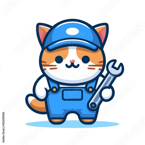 Cartoon Cat Mechanic Character with Wrench. Orange and white feline in blue overalls ideal for auto repair shop branding or maintenance service advertising.