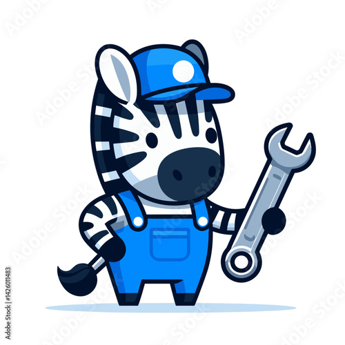 Cartoon Zebra Mechanic Character with Wrench. Black and white striped animal in blue overalls perfect for auto service marketing or repair business branding.