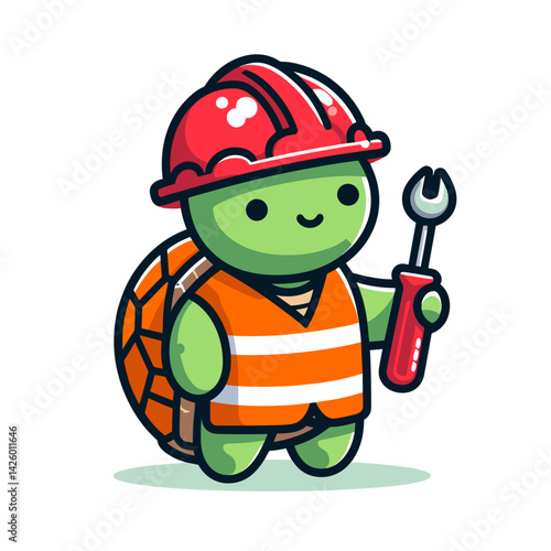 Cartoon Turtle Construction Worker with Wrench. Green reptile in orange safety vest and hardhat ideal for construction service branding or building company promotional materials.