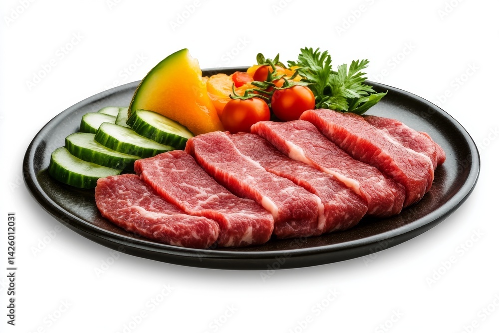 A plate of food with meat, cheese, and vegetables on a white background. Top-view, photorealistic photography. The meat is pink in color and has been sliced into rectangular pieces. It's arranged A plate of food with meat, cheese, and vegetables on a white background. Top-view, photorealistic photography. The meat is pink in color and has been sliced into rectangular pieces. It's arranged