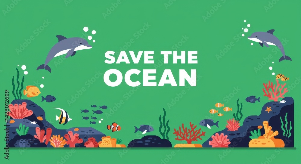 Fototapeta premium Ocean Life with Save the Ocean Text