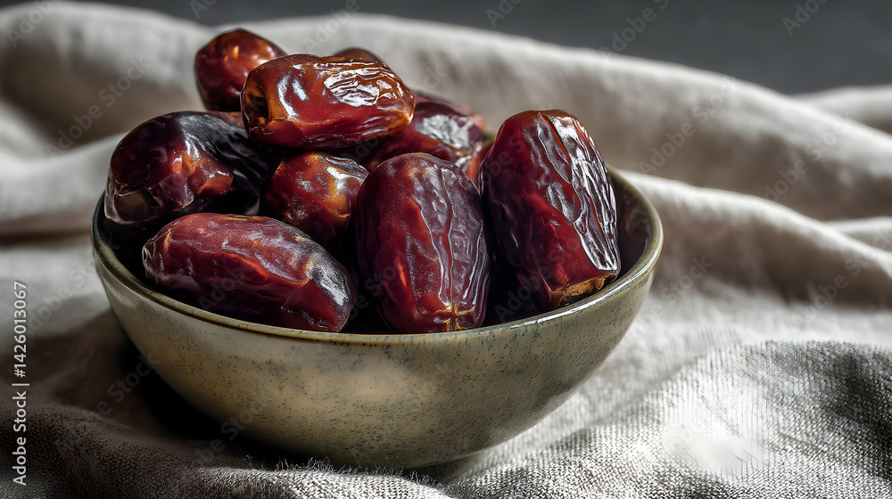 Obraz premium Delicious and Healthy Dates Displayed in Rustic Bowl on Textured Linen Surface, Close-up View