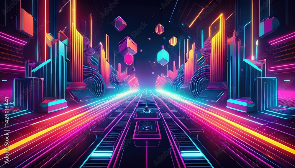 Striking Neon Geometric Abstraction Vibrant Color Play with Futuristic Shapes, Illuminating an Abstract World in a Dynamic Display of Modern Artistry