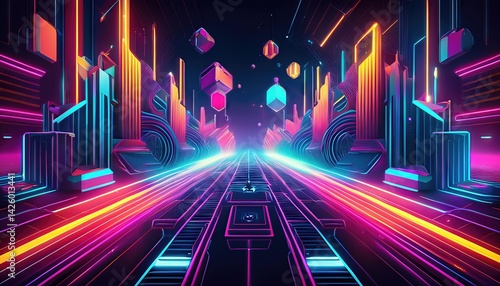 Obraz na płótnie Striking Neon Geometric Abstraction Vibrant Color Play with Futuristic Shapes, Illuminating an Abstract World in a Dynamic Display of Modern Artistry w salonie