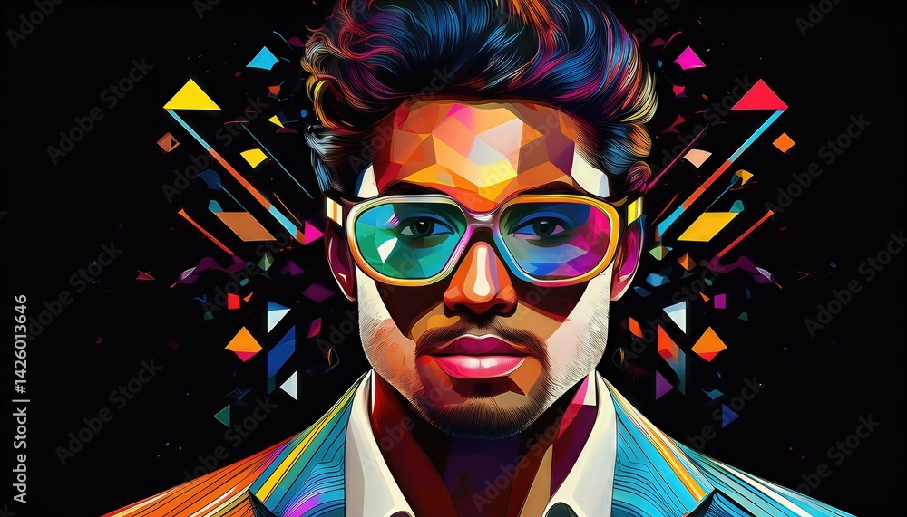 Abstract Man in Glasses on Black Background with Colorful Geometry Vibrant, Futuristic Illustration of a Brilliant Mind Against a Backdrop of Abstract Shapes and Bold Colors