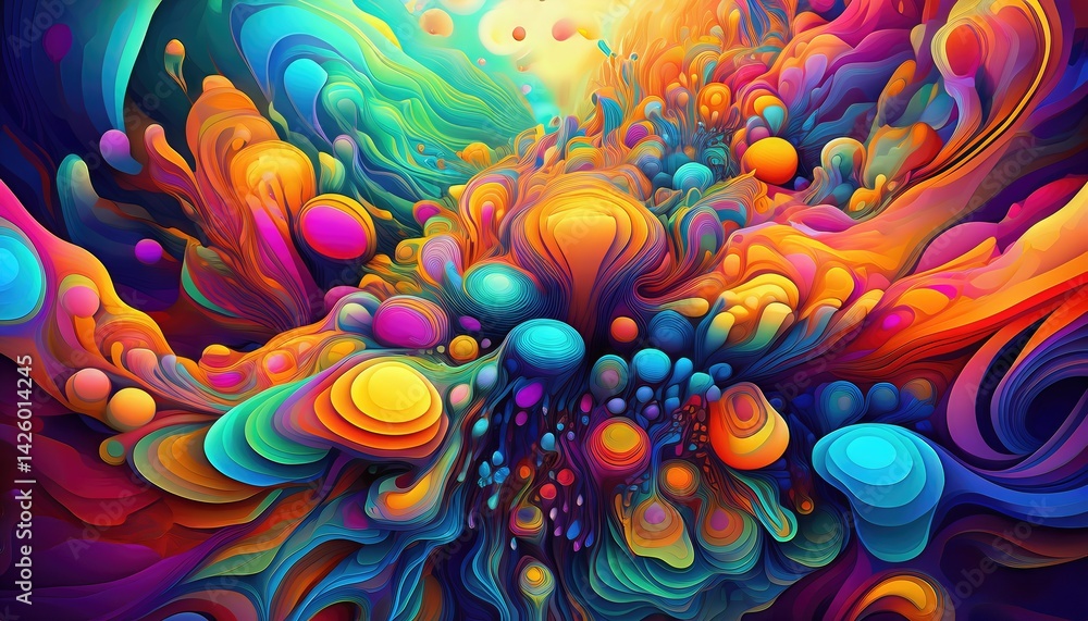 Vibrant Abstract Futuristic Scene Multicolored Blobs Illustrating a Dense, Innovative Landscape in a Richly Textured Ecosystem, Intriguing and ThoughtProvoking