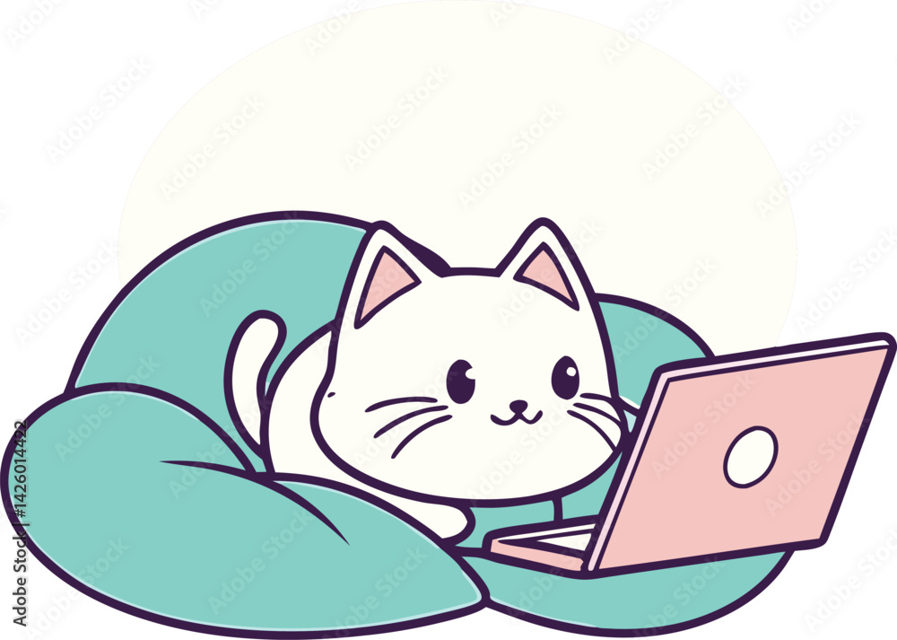 Fototapeta premium Cozy cat running laptop, lounging on teal cushion vector illustration