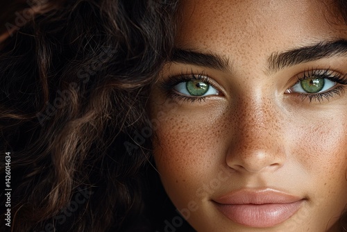 Close-up portrait of an American woman with green eyes, wearing casual and looking directly at the camera, with soft natural lighting creating gentle shadows on her face, shot in a well-lit