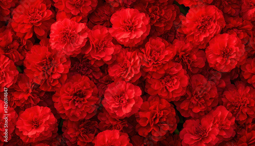 Vibrant red marigold blooms create stunning display, rich in color and full of life, perfect for adding touch of beauty to any setting