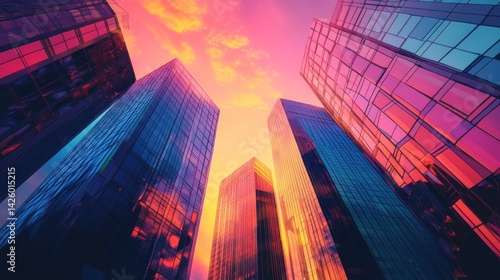 Wallpaper Mural Vibrant skyscrapers at sunset, low angle view Torontodigital.ca