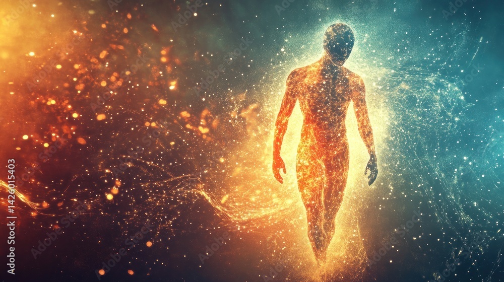 Fototapeta premium Abstract figure walking through fiery and icy cosmos