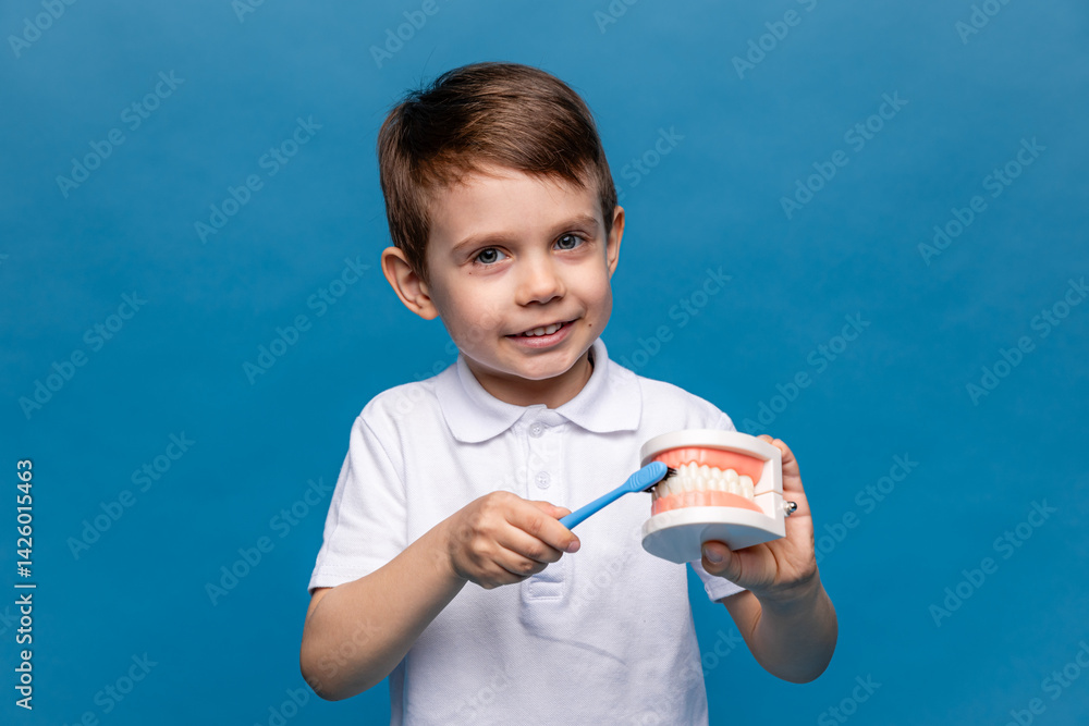 Little boy holding tooth jaw, toothbrush on blue background. Kid training oral hygiene. Child learning brushing, cleaning teeth. Prevention of caries in children. children dentistry. dental care kids