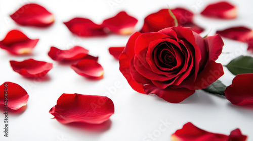 beautiful red rose surrounded by scattered rose petals on white background creates romantic and elegant atmosphere. This evokes feelings of love and passion