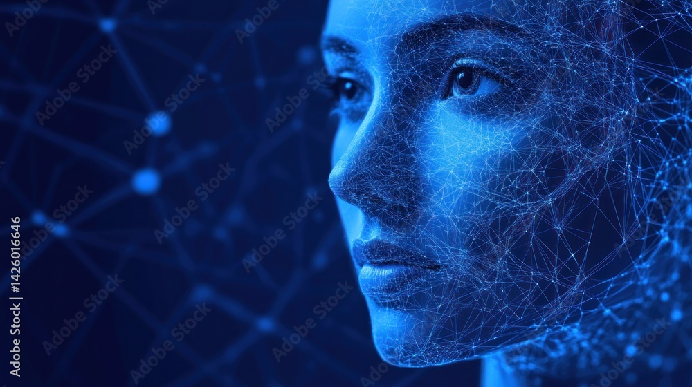 Obraz premium Woman's Face, Digital Network, Dark Background